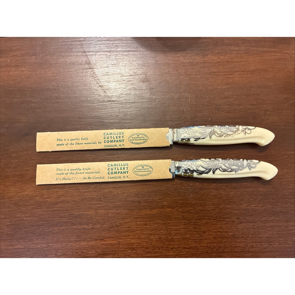 VTG Camillus Cutlery 50's Decorative Handles Steak Knife Set of 3 In Sheath